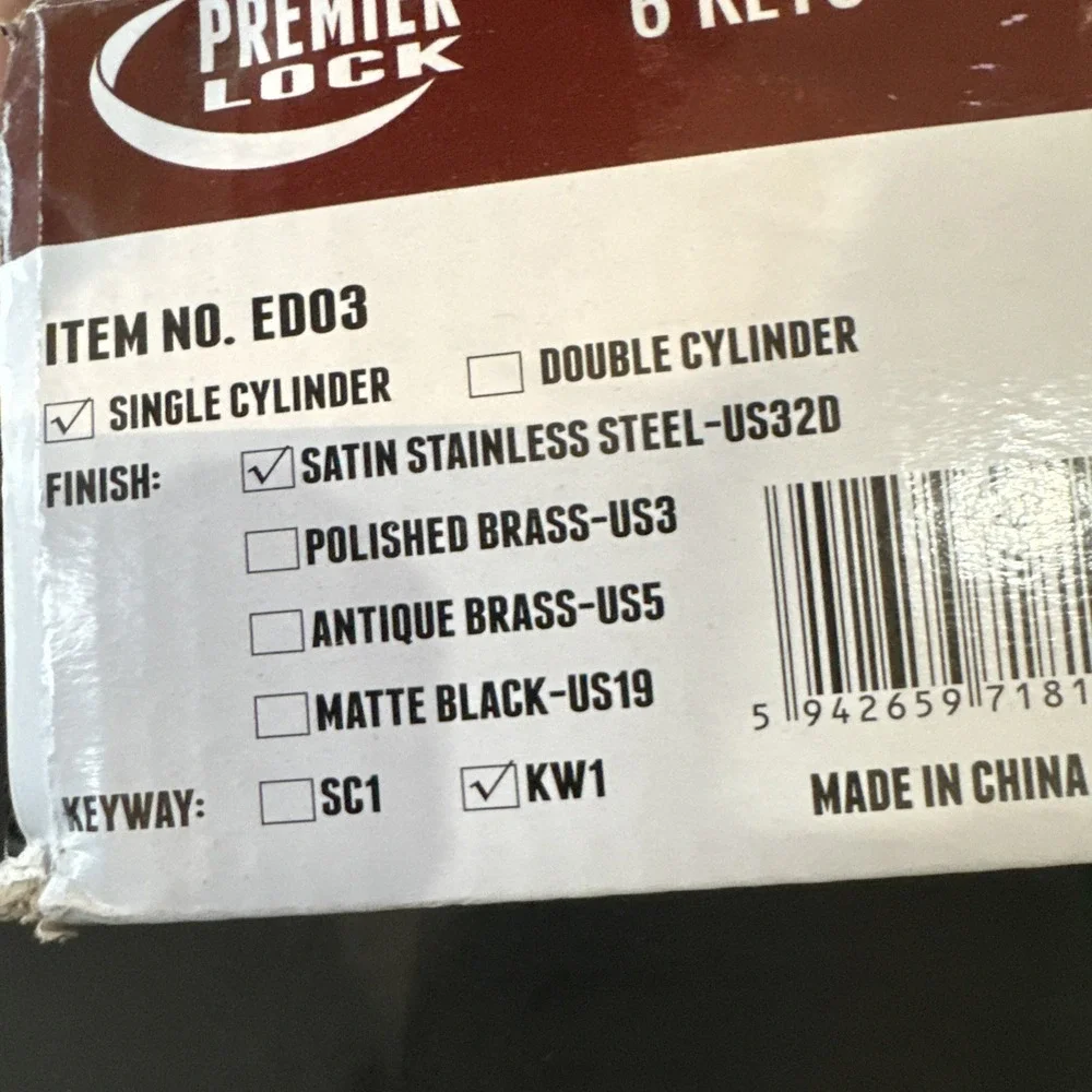 Premier Lock Combo‎ Lock Set Single Cylinder Deadbolt Knob 6 Keys ED03 Satin KW1